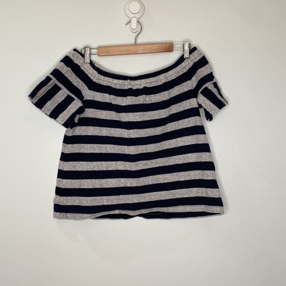 Madewell Women Gray Navy Off Shoulder Large Striped Cotton Ribbed Top Size Large